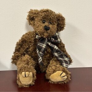 Brown Jointed Teddy Bear with Plaid Bow 9”